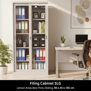 Lemari arsip pintu kaca geser SLG K-SL putih di ruang kantor modern, diletakkan di samping meja kerja dan diisi dengan buku.