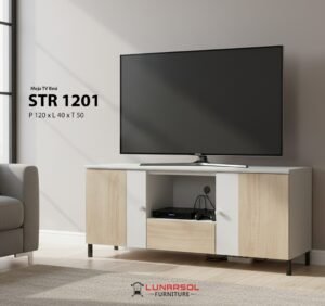 Rak TV minimalis modern STR Series dari LUNARSOL FURNITURE dengan varian motif kayu, geometris, dan marmer