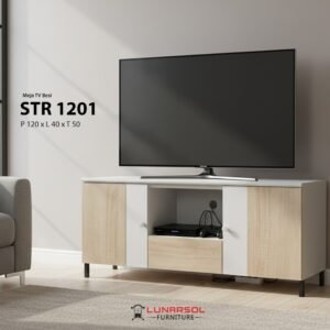 Rak TV minimalis modern STR Series dari LUNARSOL FURNITURE dengan varian motif kayu, geometris, dan marmer