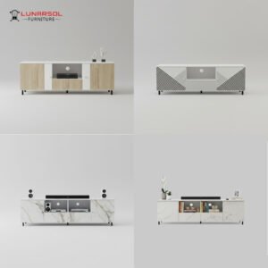 Rak TV minimalis modern STR Series dari LUNARSOL FURNITURE dengan varian motif kayu, geometris, dan marmer