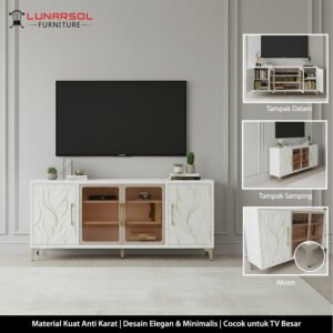 Meja TV LUNARSOL FURNITURE model STR G, material besi anti karat, desain minimalis dengan motif daun emas, cocok untuk TV besar.