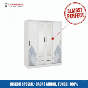 Lemari pakaian 4 pintu warna putih dari LUNARSOL Furniture dengan motif geometris abu-abu, terdapat cermin di bagian tengah, dijual dengan diskon karena cacat minor.