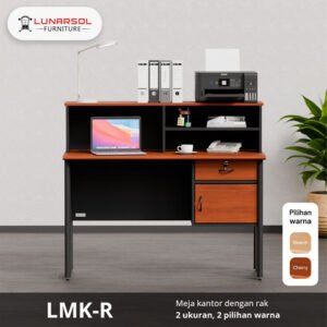 Meja kantor dengan rak Lunarsol LMK-R warna Cherry untuk ruang kerja modern.