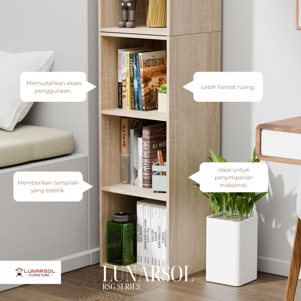 Rak penyimpanan RSG Series dari Lunarsol dengan desain minimalis untuk efisiensi ruang dan tampilan estetika.