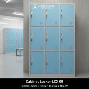 Tampilan depan cabinet lemari locker 9 pintu Lunarsol LCX 09 yang kokoh dan modern untuk penyimpanan aman.