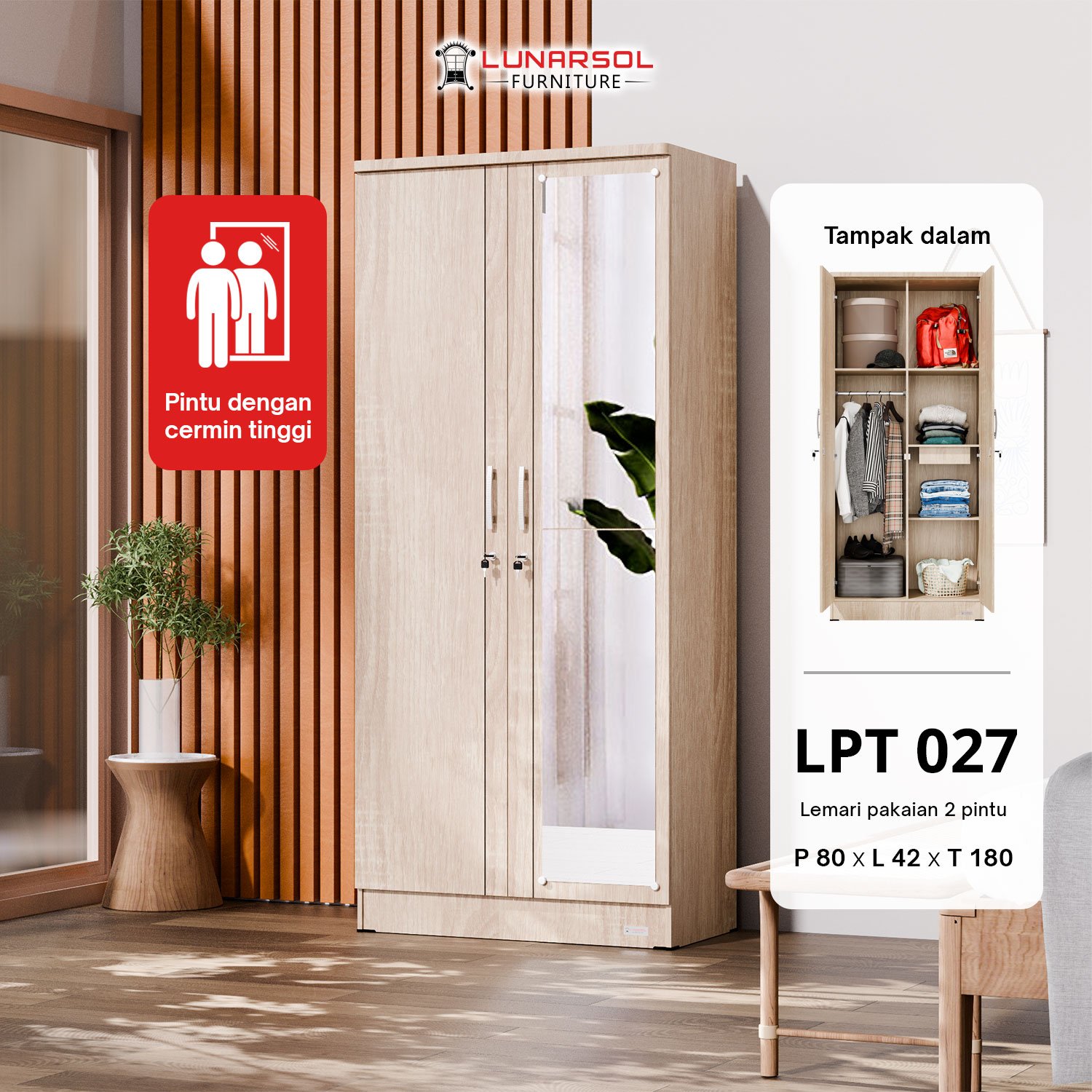 Lemari Pakaian 2 Pintu Cermin LPT 027 - Lunarsol Furniture