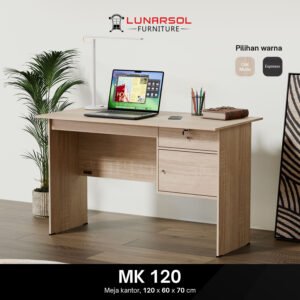 Meja belajar minimalis 120 cm warna putih kayu oak dengan laci terbuka.