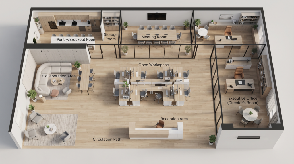Layout kantor modern yang dirancang untuk mendukung kolaborasi dan efisiensi ruang.