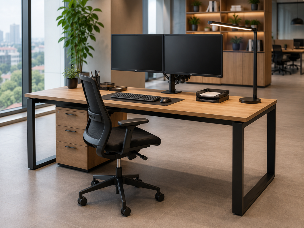 Meja kantor modern dengan komputer, monitor, keyboard, dokumen kerja, dan sistem manajemen kabel pada ruang kerja profesional.