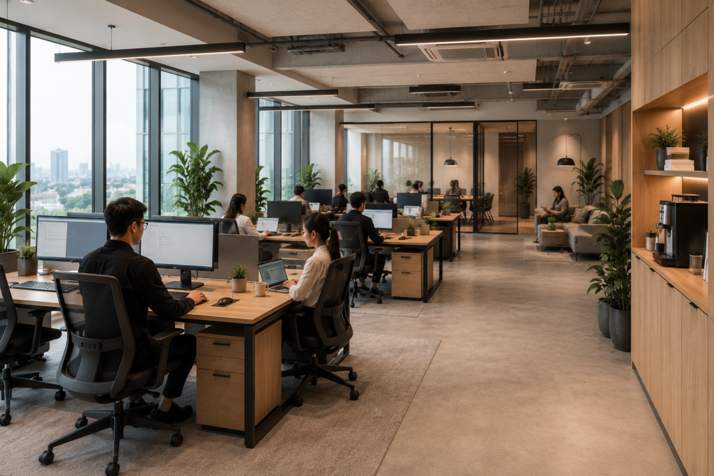Karyawan bekerja dengan nyaman menggunakan meja kantor ergonomis pada ruang kerja modern yang tertata rapi.