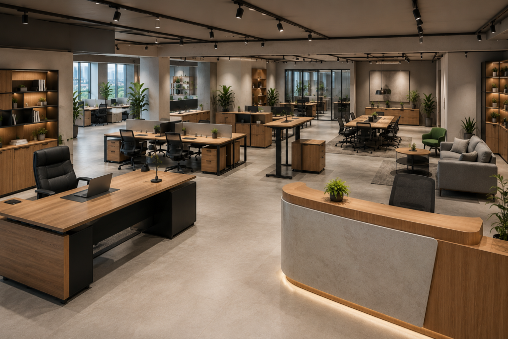 Perbandingan berbagai jenis meja kantor seperti executive desk, manager desk, workstation, standing desk, reception desk, dan meeting table.