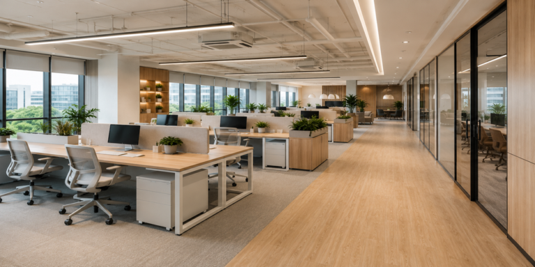 Interior kantor modern dengan berbagai meja kantor, workstation, dan ruang kerja profesional sebagai ilustrasi panduan memilih meja kantor untuk perusahaan.