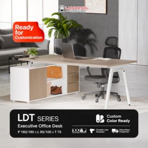 LDT Series Executive Office Desk dari Lunarsol Furniture dengan rangka besi, laci penyimpanan, desain modern, custom warna, tersedia ukuran 160 cm dan 180 cm.