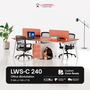 Cover Office Workstation LWS-C 240 dengan drawer cabinet, divider, dan rangka besi ukuran 240 × 120 cm.