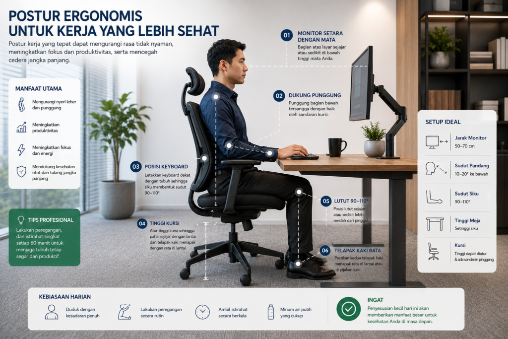Panduan postur ergonomis saat menggunakan office furniture dengan posisi monitor, kursi, meja, keyboard, dan kaki yang benar untuk meningkatkan kenyamanan kerja.