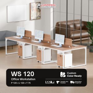 Dimensi meja office workstation WS 120 lengkap dengan mobile drawer, ukuran 120 × 120 × 75 cm.