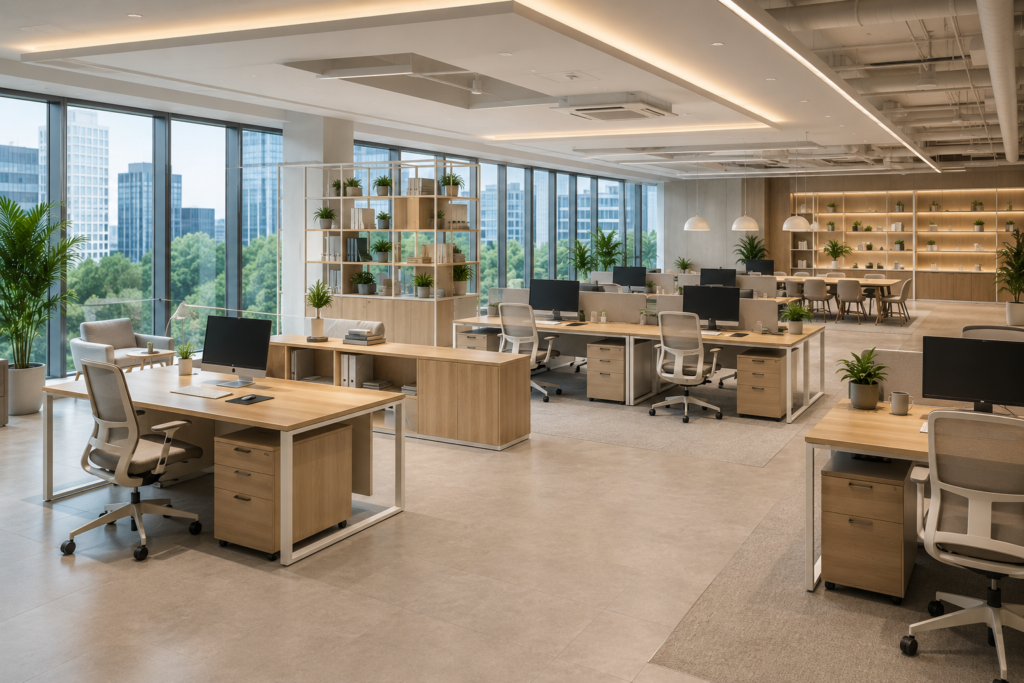 Interior kantor modern dengan berbagai jenis meja kantor seperti executive desk, workstation, dan manager desk sebagai ilustrasi panduan memilih meja kantor untuk perusahaan.