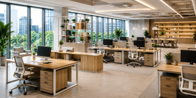 Interior kantor modern dengan berbagai jenis meja kantor seperti executive desk, manager desk, dan workstation sebagai ilustrasi cara memilih meja kantor yang tepat untuk perusahaan.