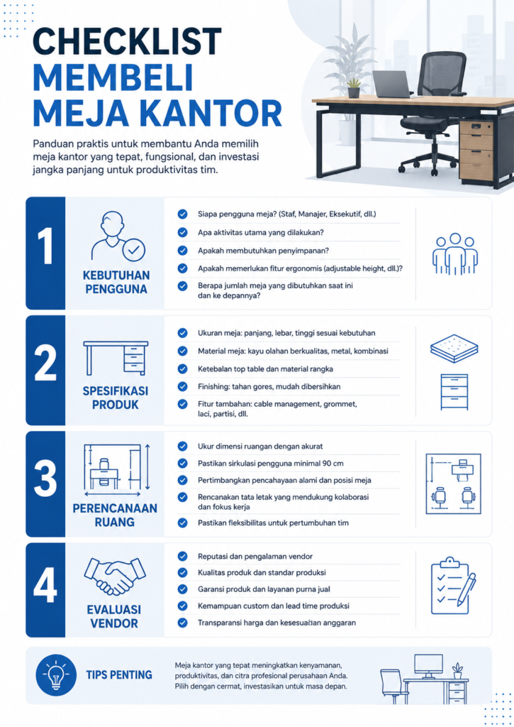Infografik checklist pengadaan meja kantor yang mencakup kebutuhan pengguna, spesifikasi produk, perencanaan ruang, dan evaluasi vendor.