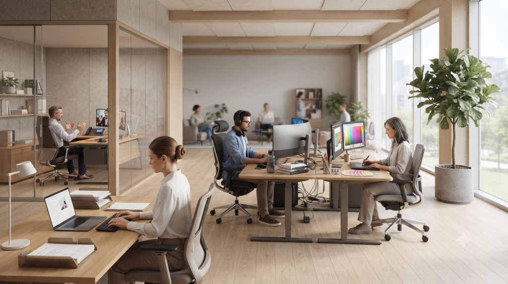Ilustrasi berbagai aktivitas kerja dengan durasi penggunaan kursi kantor yang berbeda di lingkungan kantor modern.