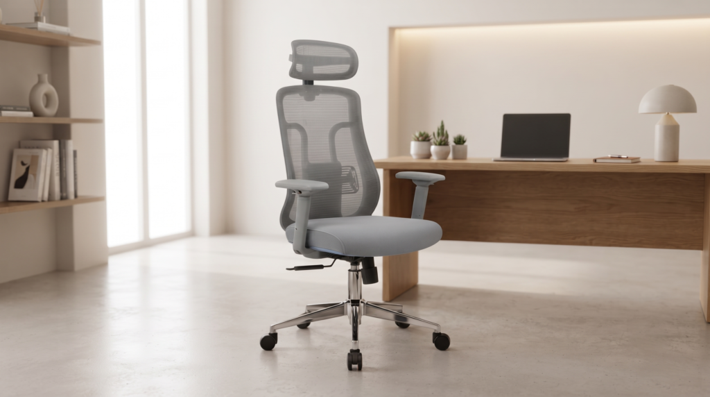Kursi kantor ergonomis modern dengan headrest, lumbar support, armrest adjustable, dan desain mesh berkualitas tinggi.