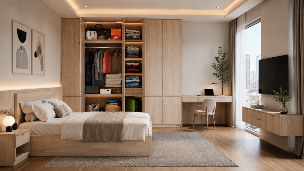 Furniture custom Jakarta murah karya Lunarsol yang dirancang mengikuti ukuran ruangan rumah minimalis modern.