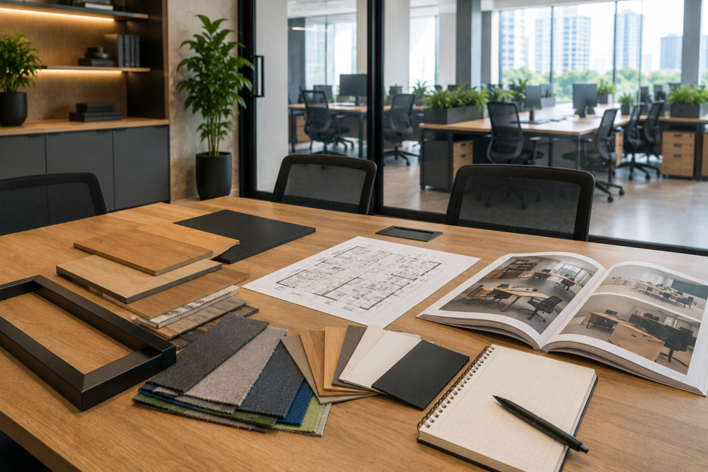 Ilustrasi konsultasi meja kantor modern dengan contoh material, layout ruang kerja, dan katalog office furniture sebagai visual pendukung bagian FAQ.