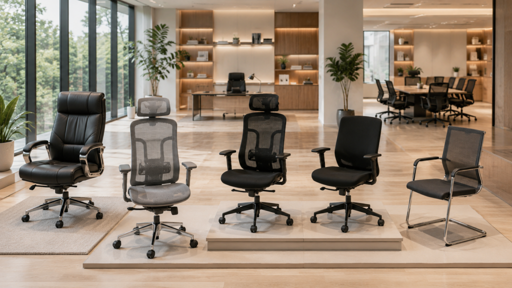 Berbagai jenis kursi kantor modern untuk ruang kerja perusahaan dengan desain ergonomis.
