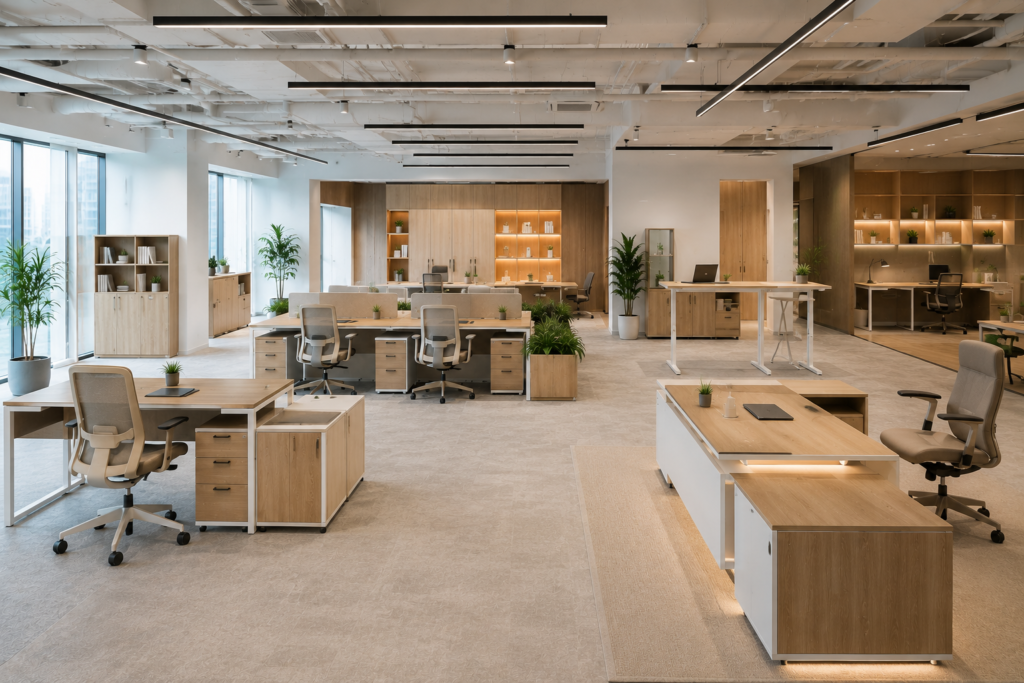 Berbagai jenis meja kantor modern seperti executive desk, manager desk, workstation, standing desk, dan meja kantor custom.