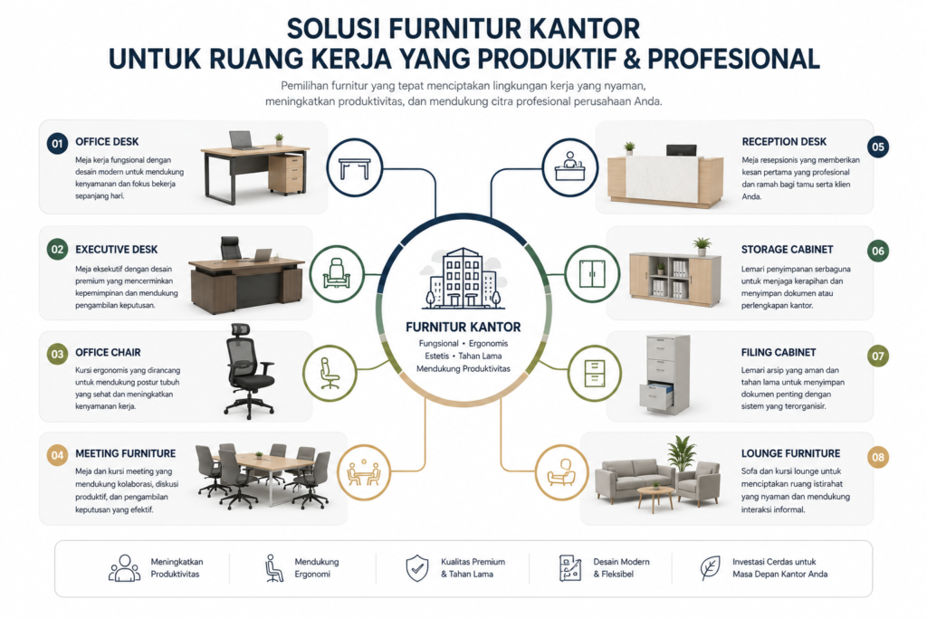 Kategori office furniture berdasarkan fungsi ruang kerja perusahaan.