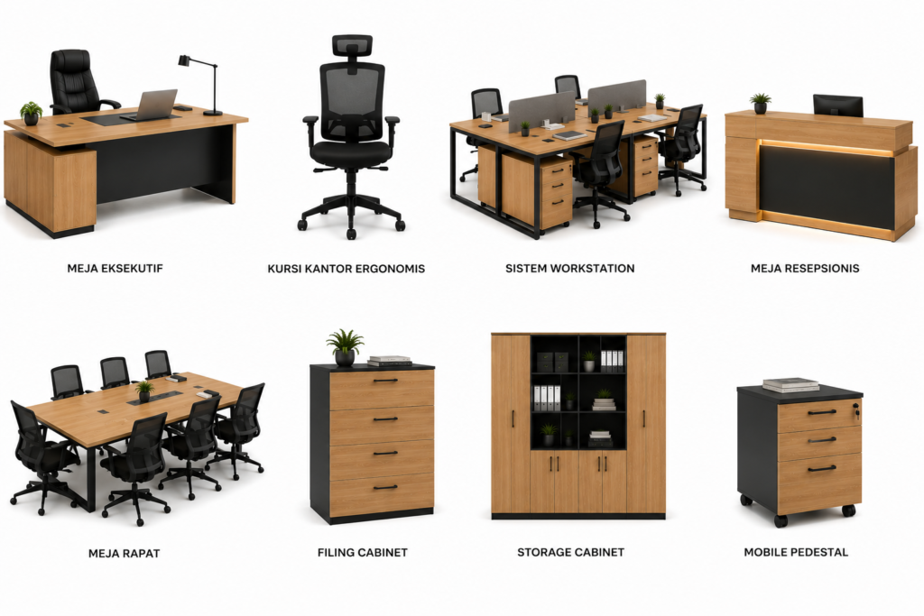 Komponen utama office furniture modern yang digunakan di lingkungan kerja profesional.
