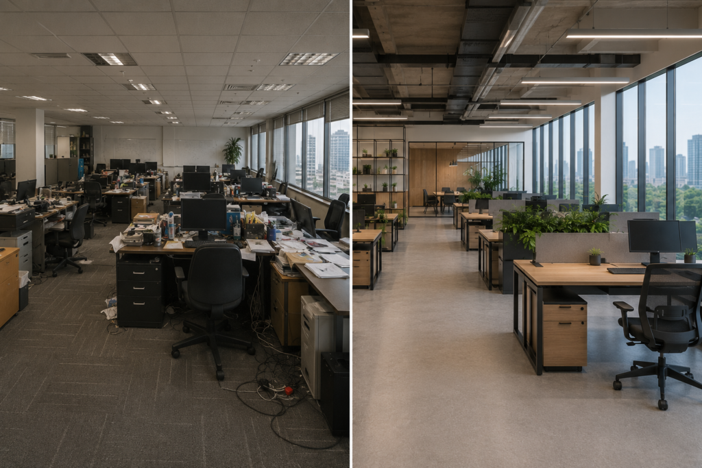 Ilustrasi perbandingan tata ruang kantor yang kurang tepat dan ruang kerja yang direncanakan dengan baik.