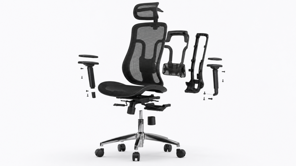 Detail berbagai komponen material pada kursi kantor ergonomis seperti sandaran, dudukan, armrest, basis kaki, dan roda.