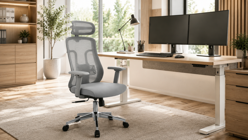 Kursi ergonomis modern dengan headrest dan lumbar support untuk penggunaan kerja 6 hingga 8 jam setiap hari.