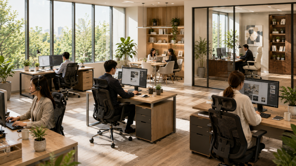 Berbagai model kursi kantor digunakan oleh staf administrasi, customer service, desainer, manajer, dan direktur di lingkungan kantor modern.