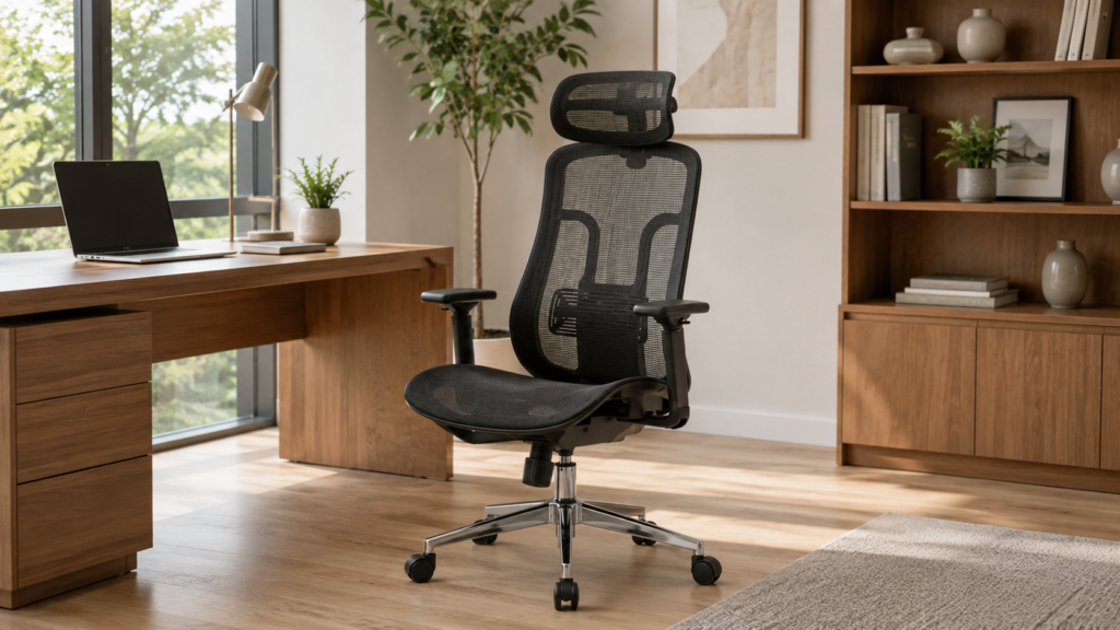 Kursi kantor full mesh modern dengan sandaran dan dudukan berbahan mesh untuk meningkatkan sirkulasi udara saat bekerja.