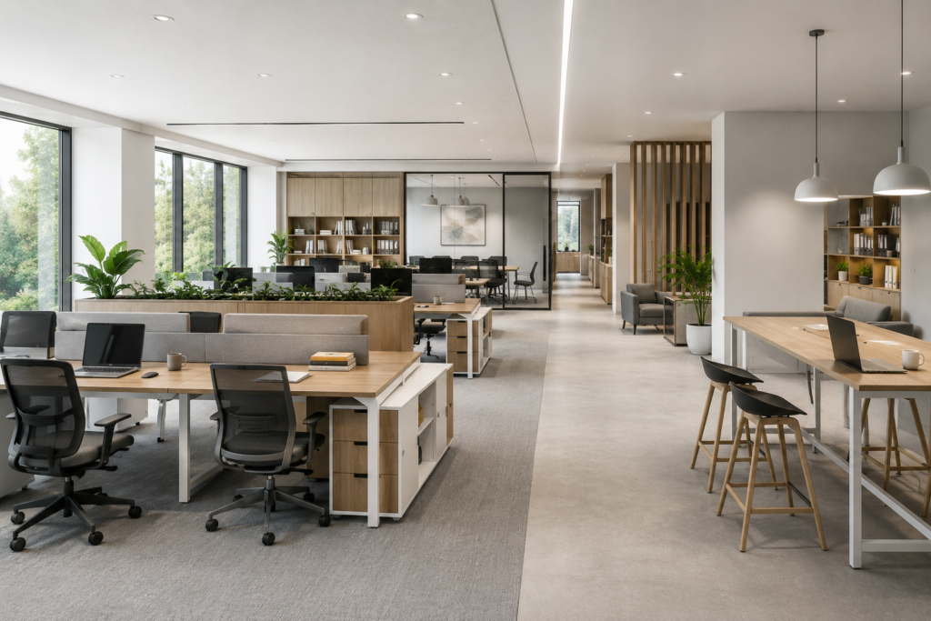 Layout kantor modern menggunakan workstation modular dengan jalur sirkulasi yang efisien.
