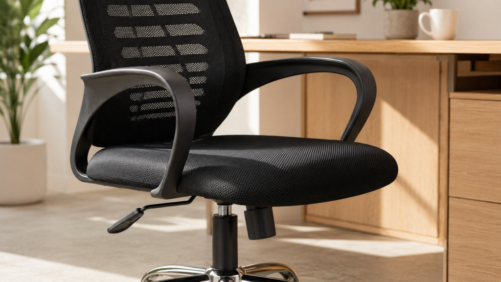 Kursi kantor berbahan fabric dengan bantalan empuk untuk penggunaan harian.