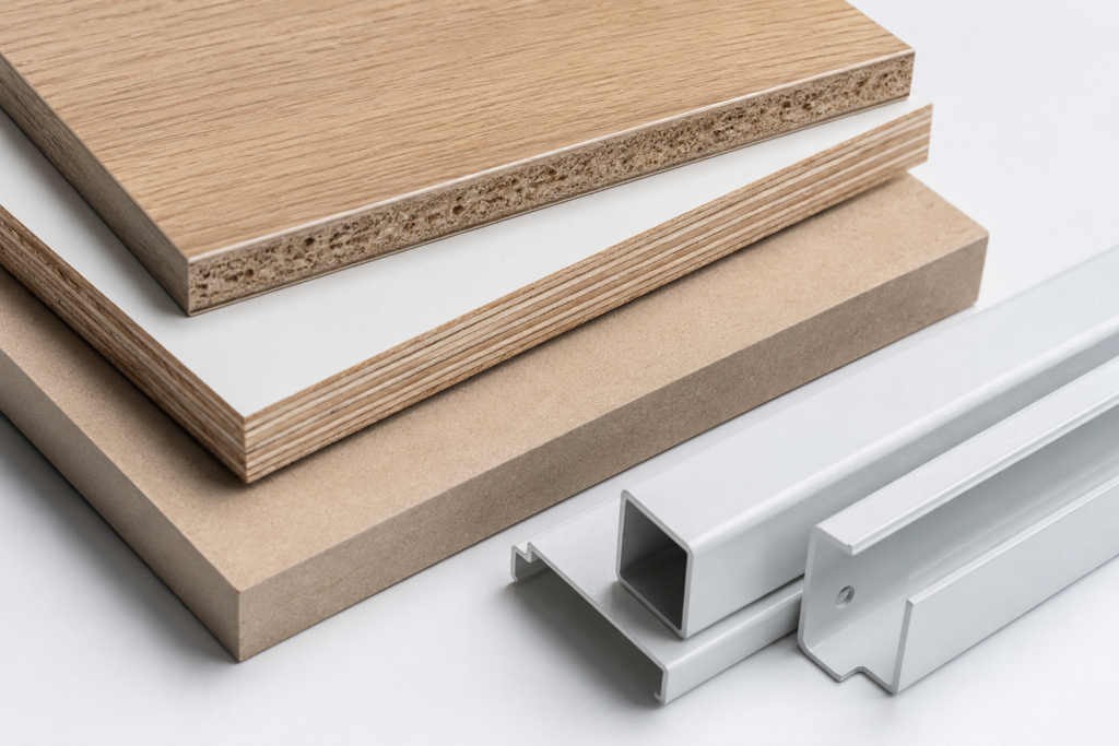 Contoh material meja kantor modern menggunakan particle board, multipleks, MDF, dan rangka baja untuk office furniture.