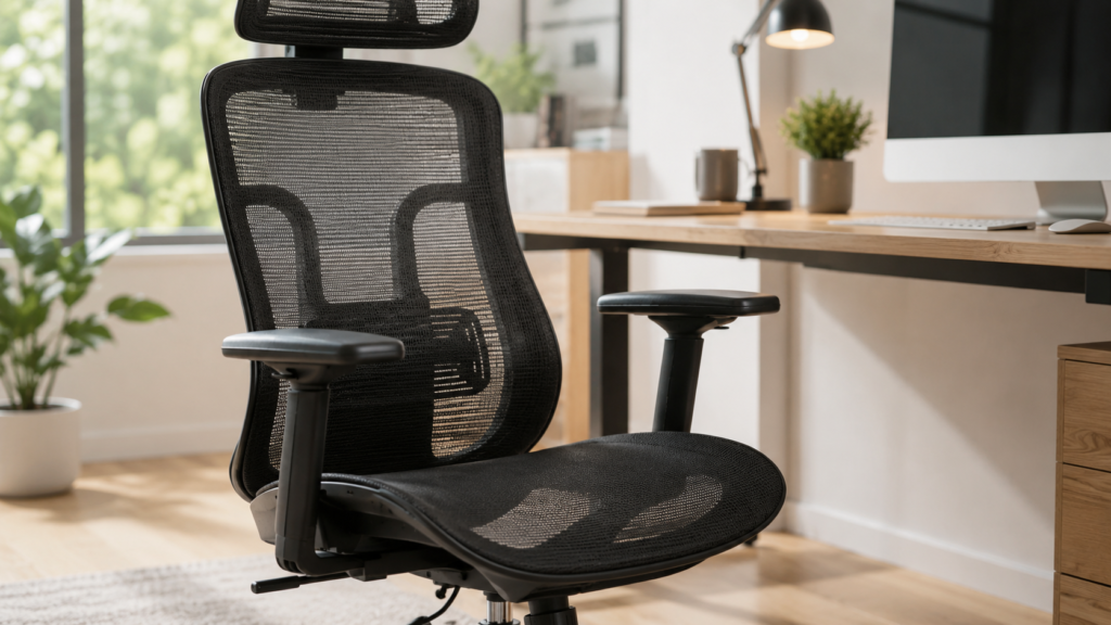 Detail material mesh pada sandaran dan dudukan kursi kantor ergonomis modern.