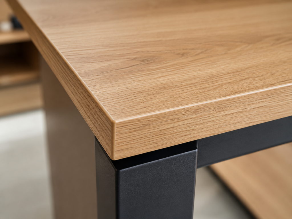 Close up material panel meja kantor dengan finishing woodgrain dan edge banding yang rapi pada office furniture modern.