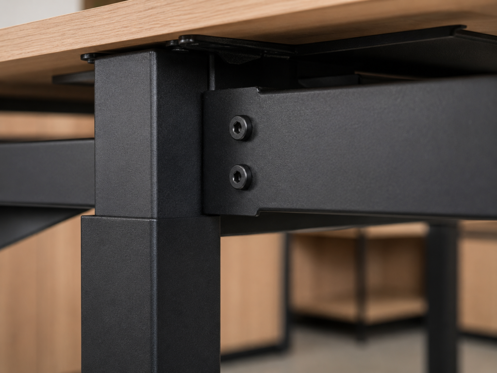 Close up rangka besi powder coating pada meja kantor modern dengan konstruksi yang kuat dan presisi.