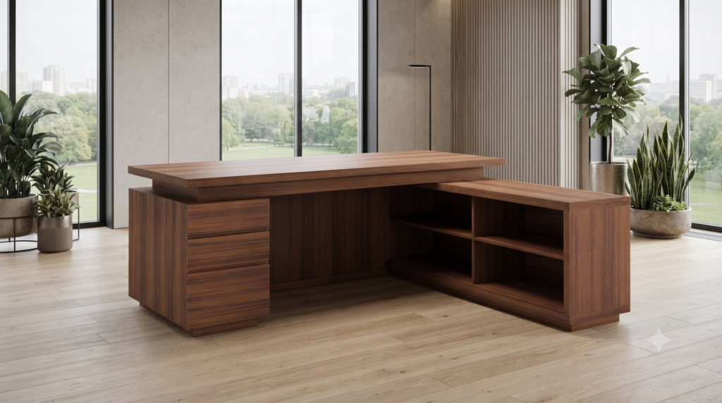 Meja kantor custom berbentuk L dengan desain modern, storage terintegrasi, dan finishing motif kayu untuk ruang kerja perusahaan.