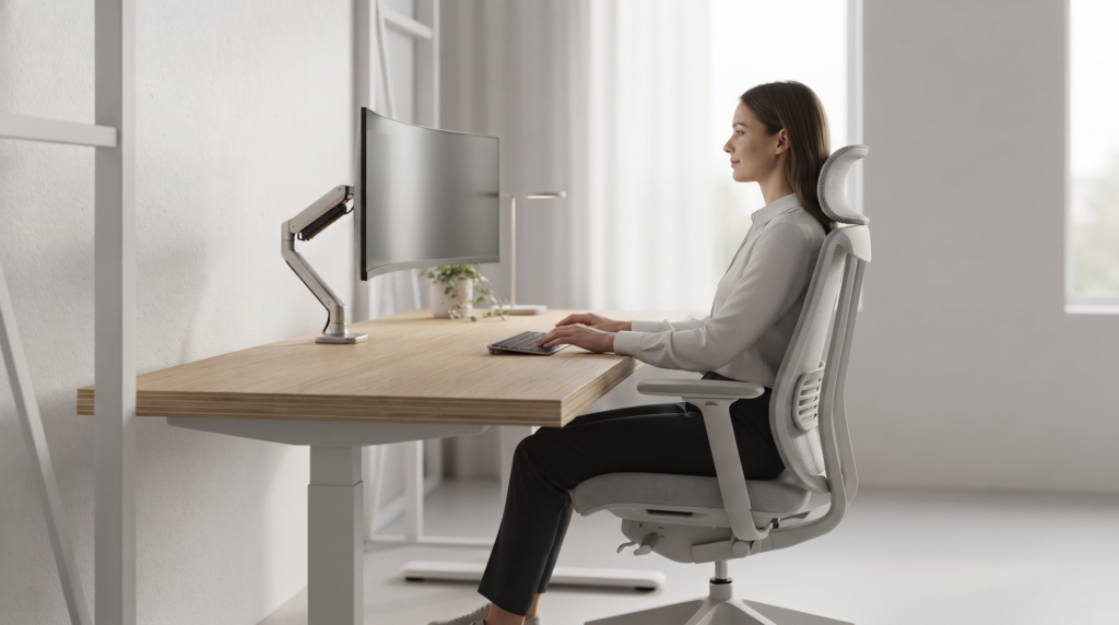 Karyawan bekerja dengan posisi ergonomis menggunakan meja kantor modern dan kursi ergonomis.
