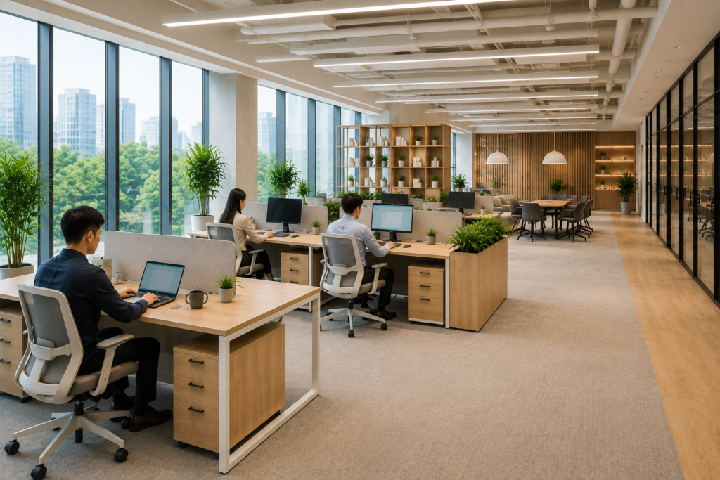 Karyawan bekerja menggunakan meja kantor ergonomis dalam ruang kerja modern yang rapi dan nyaman.