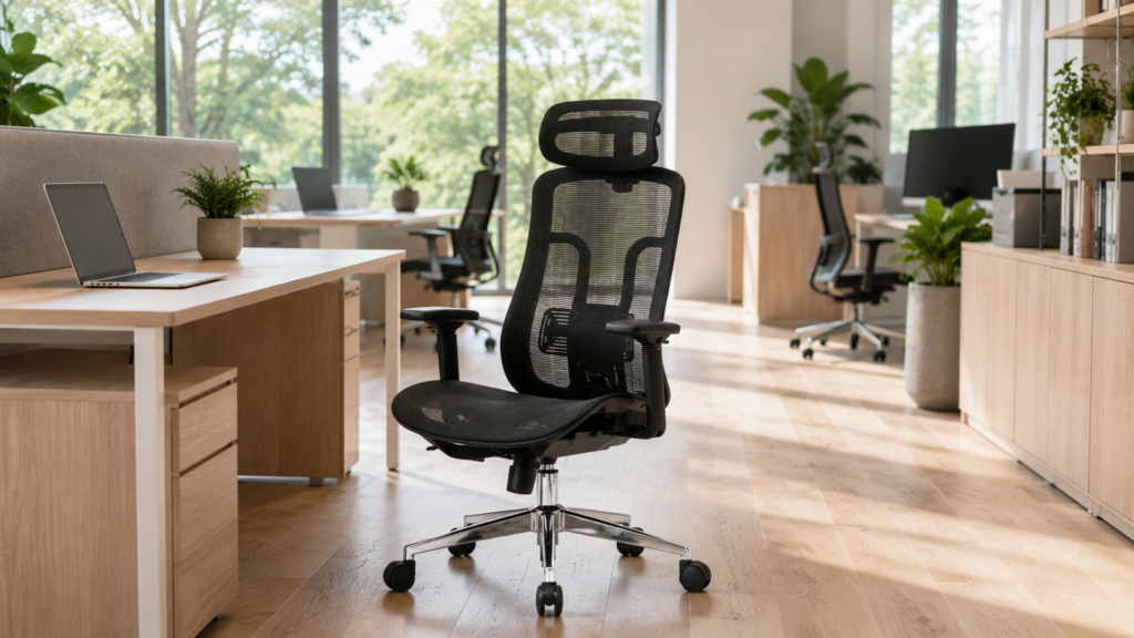 Mesh chair modern dengan sandaran dan dudukan full mesh untuk kenyamanan bekerja sepanjang hari.