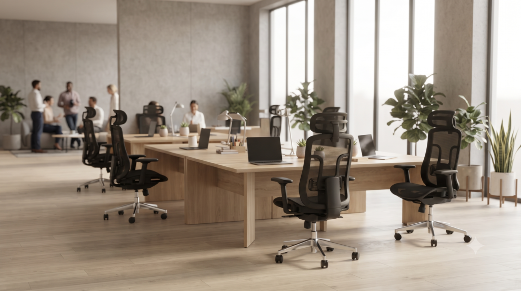 Mesh chair digunakan pada area workstation modern dengan tata ruang kantor terbuka.