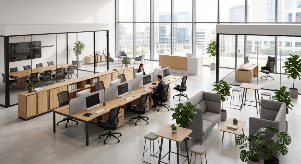 Interior kantor modern dengan office furniture lengkap untuk berbagai kebutuhan perusahaan di Indonesia.