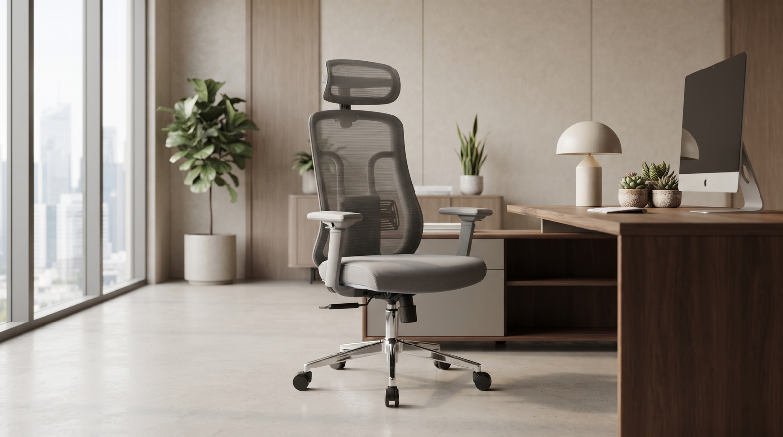 Kursi kantor ergonomis modern dengan headrest, lumbar support, dan armrest adjustable di ruang kerja minimalis sebagai ilustrasi panduan memilih kursi kantor ergonomis.
