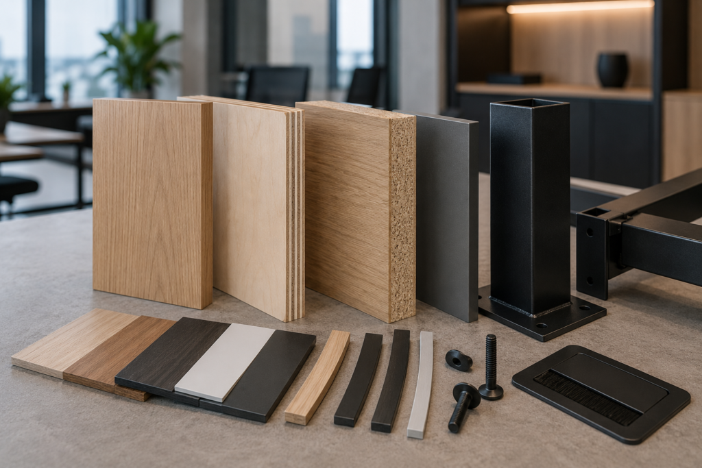 Berbagai contoh material meja kantor seperti particle board, plywood dan rangka besi yang digunakan pada office furniture modern.